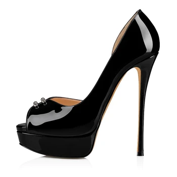 Элегантная женская обувь Туфлилодочки на платформе с открытым носком и на высоком каблуке Женские вечерние платья без застежки из лакированной кожи Черный Белый  5