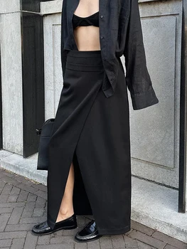 Элегантная черная юбка с разрезом Для женщин, осень 2023, Уличная одежда с высокой талией, Модные Длинные юбки, Дизайнерский роскошный Винтажный низ Faldas  2