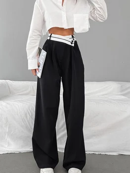 Элегантные простые мешковатые женские брюки, женские широкие брюки в стиле пэчворк 2023, Весна-лето, плиссированные офисные женские брюки с высокой талией  5