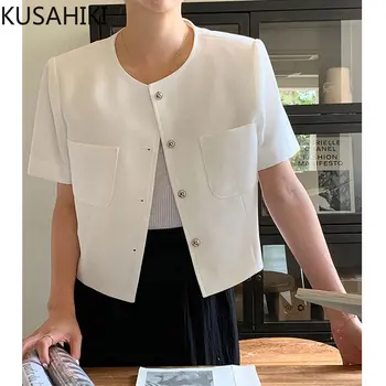Элегантный однобортный пиджак KUSAHIKI, женское летнее модное пальто с круглым вырезом и коротким рукавом, новые топы-кардиганы в корейском стиле 2023 года.  5