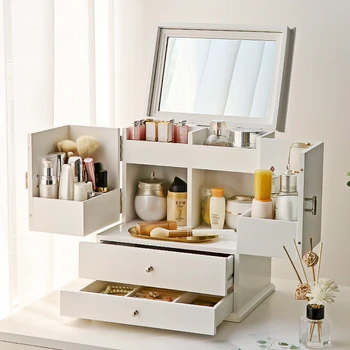 Ящик для хранения ювелирных изделий класса EI с зеркалом для макияжа Органайзер для макияжа в европейском стиле с многослойным ящиком Деревянная косметика  5